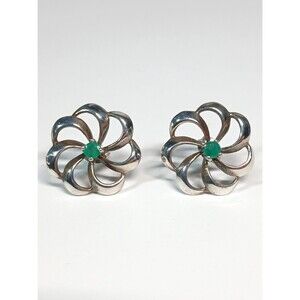 Emerald Sterling Silver Flower Fan Stud Earrings